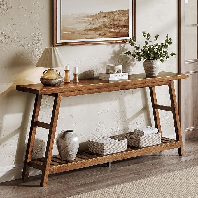 ChooChoo 70.9 Inch Long Console Tables for Entryway, Wood 2-Tier Entry Hallway Table, Narrow Sofa Table Behind Couch Table for Living Room, Entrance, Walnut