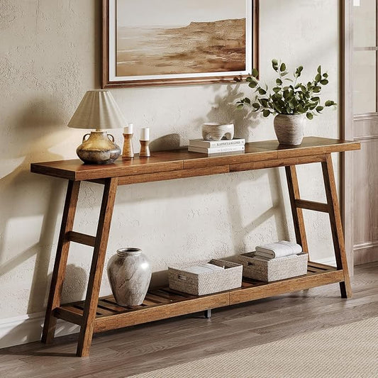 ChooChoo 70.9 Inch Long Console Tables for Entryway, Wood 2-Tier Entry Hallway Table, Narrow Sofa Table Behind Couch Table for Living Room, Entrance, Walnut