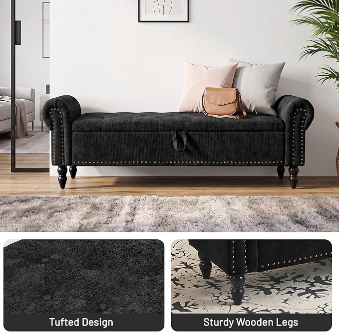 Furniliving 63” End of Bed Storage Bench, Bedroom Bench with Button-Tufted, Upholstered Storage Ottoman Benches Window Bench with Storage, Chenille Bench for Living Room, Entryway, Black