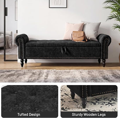 Furniliving 63” End of Bed Storage Bench, Bedroom Bench with Button-Tufted, Upholstered Storage Ottoman Benches Window Bench with Storage, Chenille Bench for Living Room, Entryway, Black
