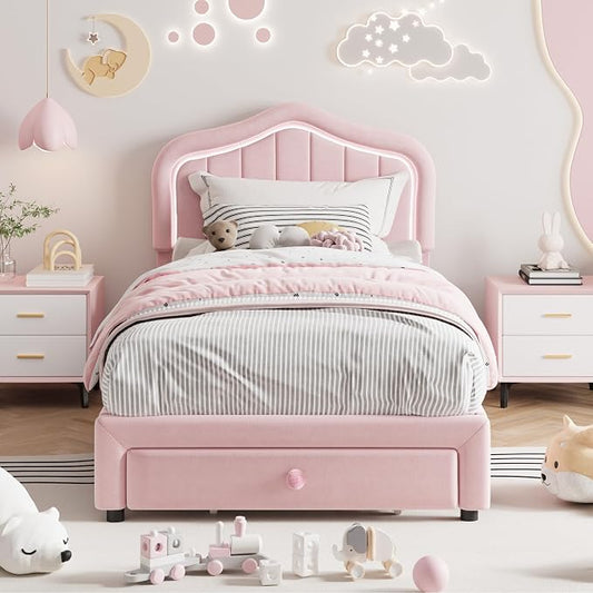 GarveeHome Upholstered Twin XL Bed Frame with Led Lights and Storage Drawer, Velvet Led Bed Frame with Headboard for Kids, Girls, Boys, No Box Spring Needed, Wooden Slats, Noise Free, Pink