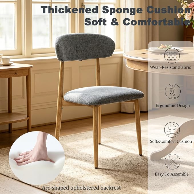 FREKEN Modern Upholstered Dining Chairs Set of 2, Mid-Century Metal Frame with Wood Grain, Linen Fabric Side Chair for Kitchen Dining Room, 350lbs Capacity, Grey