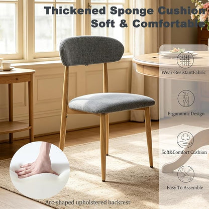 FREKEN Modern Upholstered Dining Chairs Set of 6, Mid-Century Metal Frame with Wood Grain, Linen Fabric Side Chair for Kitchen Dining Room, 350lbs Capacity, Grey