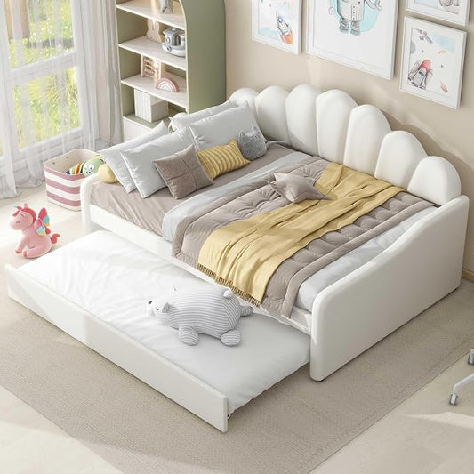 Ball & Cast Full Size Daybed with Trundle,Velvet Upholstered Day Bed Frame Full with Shall Shaped Backrest and Wood Slat Support,No Box Spring Needed,White