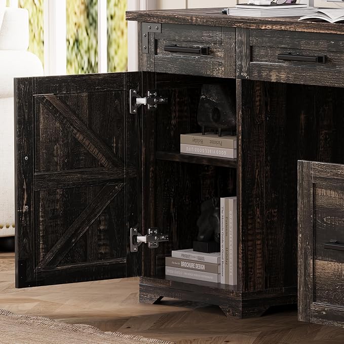 LUMISOL 55” Farmhouse Executive Desk with Charging Station and Power Outlet, Computer Desk with 5 Drawers and Cabinet, Rustic Wood Writing Study Table with File Drawer, Rustic Grey