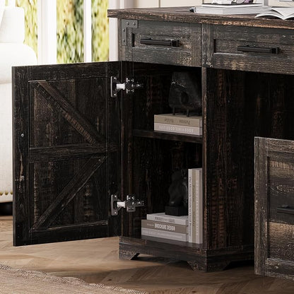 LUMISOL 55” Farmhouse Executive Desk with Charging Station and Power Outlet, Computer Desk with 5 Drawers and Cabinet, Rustic Wood Writing Study Table with File Drawer, Rustic Grey