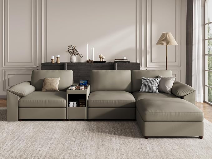 EASE MOOSE Leather Sectional Couch with Console, Oversized Modular Sectional Sofas, Wide Deep Seat Modular Couch, Scratch Resistant Faux Leather Material, L Shaped Sofa for Big Spaces,Light Grey