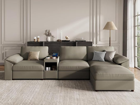 EASE MOOSE Leather Sectional Couch with Console, Oversized Modular Sectional Sofas, Wide Deep Seat Modular Couch, Scratch Resistant Faux Leather Material, L Shaped Sofa for Big Spaces,Light Grey