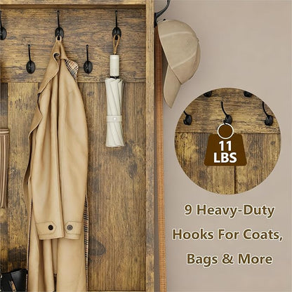 Einhomn 5-in-1 Hall Tree with Bench and Shoe Storage, 51" W Entryway Organizer Coat Rack with 9 Hooks, 4 Storage Cabinets, Drawer, Open Cubbies for Mudroom, Hallway, Living Room, Rustic Brown