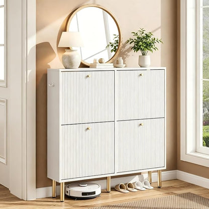 Nicetree White Shoe Cabinet for Entryway, 4 Flip Drawers Shoe Storage Cabinet with Tiered Fluted Design, Slim Narrow Shoe Rack for Small Spaces, 9.5" Deep Shoe Organizer with Metal Legs