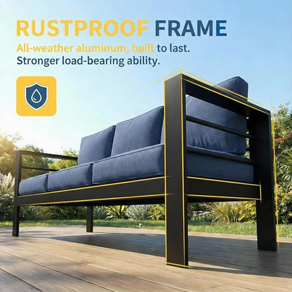 Solaste Aluminum Patio Furniture Set for All Weather, Modern Metal Outdoor Furniture Set with 27.5" Deep Seating and 3.2" Wide Armrest, Outdoor Patio Conversation Set with 10" Back Cushion, Blue