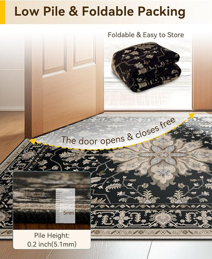 RELEANY Area Rugs Runner 2'6"x8' Washable Non-Slip, Floral Vintage Distress Medallion Carpet for Kitchen Hallway Bedroom Beside Laundry Room Bathroom, Black Brown Neutral Dark Tan