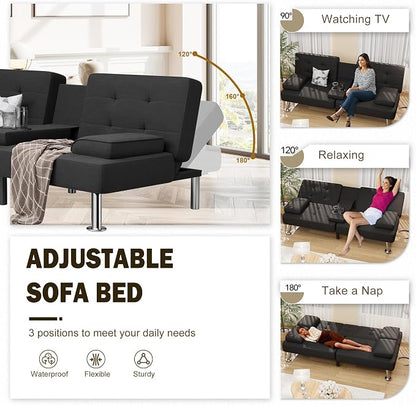 Shahoo Modern Linen Upholstered Convertible Folding Futon Sofa Bed with Removable Armrests, Metal Legs, 2 Cup Holders for Living Room, Black