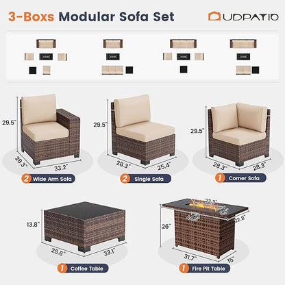 UDPATIO Patio Furniture Set with Fire Pit Table, 8 Inch Armrest 7 Piece Outdoor Sectional Sofas, All-Weather Wicker Conversation for Garden, Backyard, Brown/Khaki