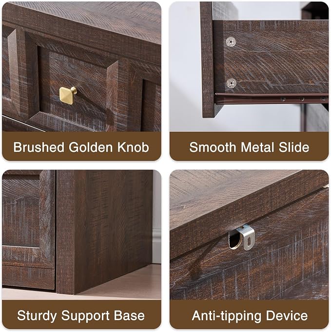 3-Piece Bedroom Set, 5 Drawer Tall Dresser and 3 Drawer King Size Nightstands Set of 2 with Charging Station, 3 Piece Farmhouse Wood Bedroom Dresser and Nightstand Sets, Brown