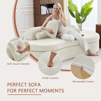 AVZEAR 78" Curved Loveseat Sofa, Chenille Upholstered 2 Seater Couch for Living Room, No Assembly Modern Love Seat Cloud Sofa with 2 Bolster Pillows & 2 Square Pillows, High-Density Foam, White