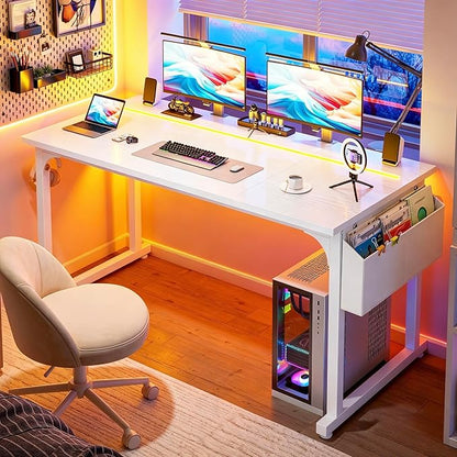 DurayLoly 55 Inch White Computer Desk with LED Lights, Office Desk with Storage Bag for Home Office, Gaming Desk with Headphone Hook for Study Writing Work Desk,Sturdy Metal Frame