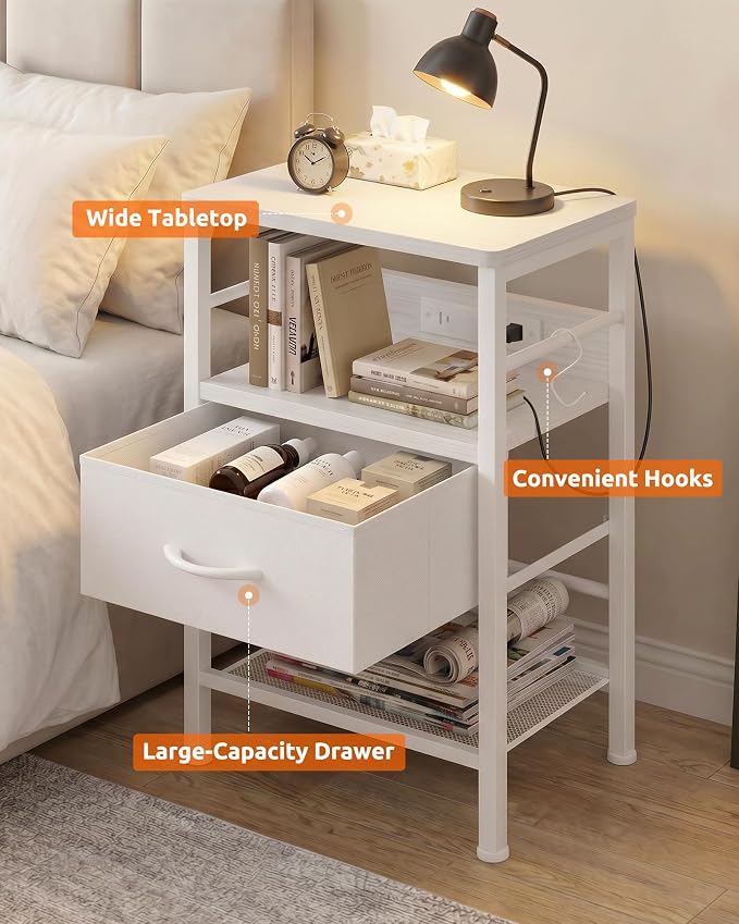 Lazzanto Nightstands Set of 2 with Charger Station, White Night Stand | Open Shelf | Hooks | USB-C USB-A Ports AC Outlets | Fabric Drawer | Bedroom | Living Room | Dorm
