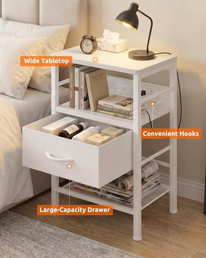 Lazzanto Nightstands Set of 2 with Charger Station, White Night Stand | Open Shelf | Hooks | USB-C USB-A Ports AC Outlets | Fabric Drawer | Bedroom | Living Room | Dorm