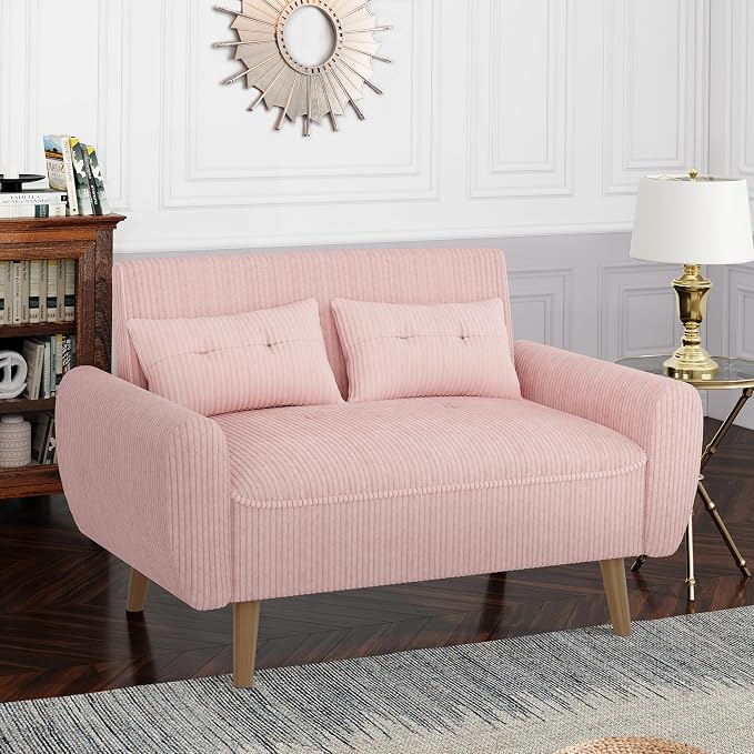 Shintenchi 48'' Loveseat Sofa, Mid-Century Modern Upholstered Couch Deep Seat with 2 Pillows, 10" Thick Cushion with Spring, Solid Wood Frame Small Couch for Living Room, Bedroom, Dorms & Office, Pink