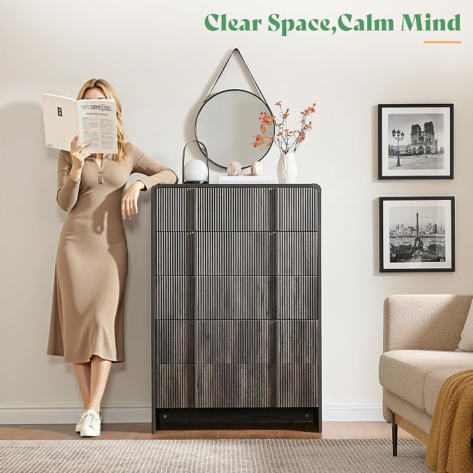 AMERLIFE Fluted 5 Drawer Dresser, 48" Tall Modern Chest of Storage Drawers with Pine Handles, Rounded Corners Design, Wood Drawers Organizer for Living Room, Nursery, Hallway, Black
