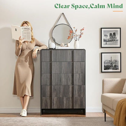 AMERLIFE Fluted 5 Drawer Dresser, 48" Tall Modern Chest of Storage Drawers with Pine Handles, Rounded Corners Design, Wood Drawers Organizer for Living Room, Nursery, Hallway, Black