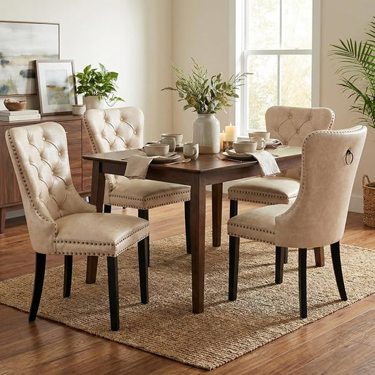 CIMOTA Beige Leather Dining Chairs Set of 4 Mid Century Modern Dining Room Chairs Tufted Upholstered Kitchen Dining Chairs Comfortable Side Chairs with Nailhead Trim/Ring Back (PU /4PCS)