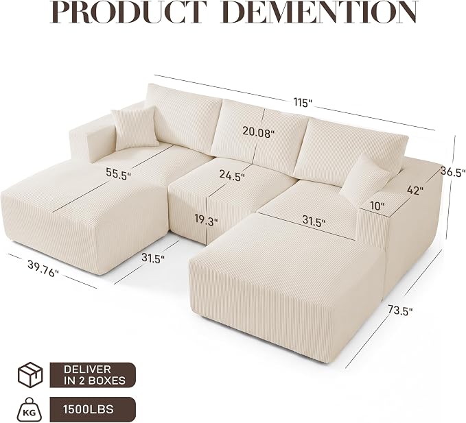 Living&Giving 115" Modular Cloud Boneless Couch, U Shaped Sectional Sofa with Chaise, Corduroy Floor Couch for Living Room, High-Density Foam & Firm Lumbar Support for Apartment, Beige