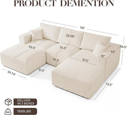 Living&Giving 115" Modular Cloud Boneless Couch, U Shaped Sectional Sofa with Chaise, Corduroy Floor Couch for Living Room, High-Density Foam & Firm Lumbar Support for Apartment, Beige