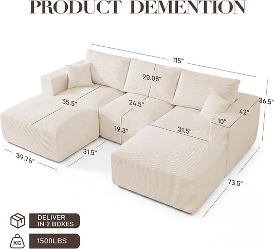 Living&Giving 115" Modular Cloud Boneless Couch, U Shaped Sectional Sofa with Chaise, Corduroy Floor Couch for Living Room, High-Density Foam & Firm Lumbar Support for Apartment, Beige