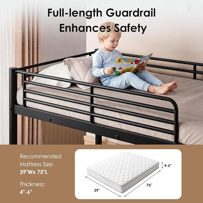 Bunk Bed Twin Over Twin, Heavy Duty Metal Bunk Bed with Ladder, More Stable and Safe for Teens, Students or Roommates, Space Saving for Apartment, Dorm or Small Room, Easy Assembly, Black