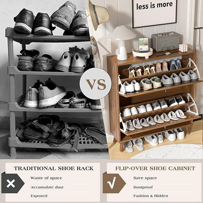 Fsbecl Shoe Storage Cabinet for Entryway with 2 Flip Drawers, Narrow Wood Shoe Cabinet with Fluted Panel, Freestanding Hidden Shoe Organizer for Foyer, Hallway (Walnut)