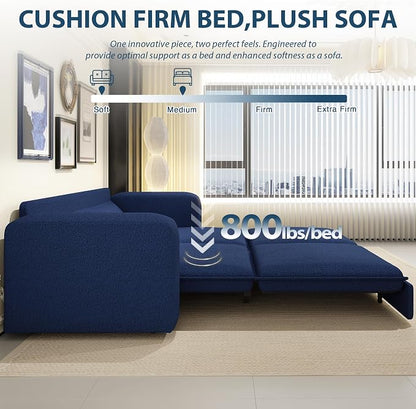 93" King Pull Out Sofa Bed, Boucle Sleeper Sofa Couch, Modern Wide Armrest, 3 in 1 Convertible Futon Couches for Living Room, Small Space, Apartment, Office, Bedroom, Blue