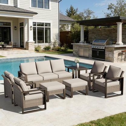 Joyside Outdoor Patio Chairs, 8 Pieces Wicker Rattan Furniture Set, 4 Patio Chairs, 1 Sofa, 2 Ottoman and 1 Table, Metal Wide Armrest, Thick Cushions and Deep Seating for Garden, Backyard, Porch