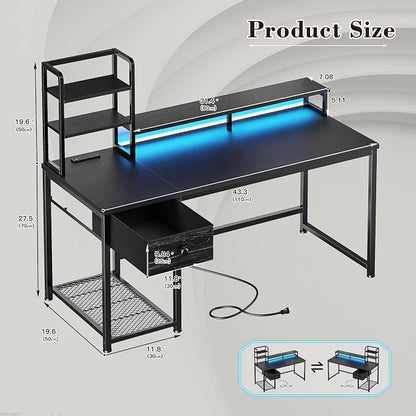44 Inch Gaming Desk with Hutch and Drawers,Reversible Computer Desk with Monitor Shelf,Home Office Desks with USB Power Outlets and Storage,Pc Small Gaming Desk for Office with LED Lights,Black
