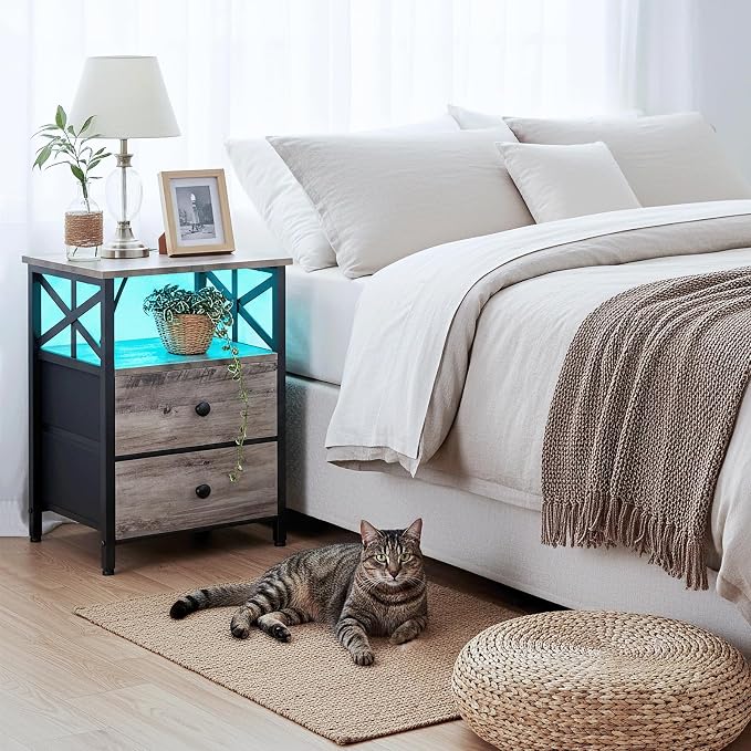 AMHANCIBLE Nightstands Set of 2 with Charging Station, LED Night Stand with 2 Storage Drawers, End Tables with USB Ports and Outlets, Modern Bedside Tables for Bedroom, Grey, HET052LGY