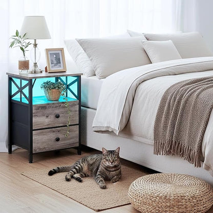 AMHANCIBLE Nightstands Set of 2 with Charging Station, LED Night Stand with 2 Storage Drawers, End Tables with USB Ports and Outlets, Modern Bedside Tables for Bedroom, Grey, HET052LGY