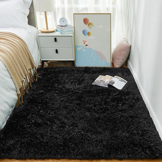 Ophanie 3x5 Black Rugs for College Dorm, Bedroom Small Area Rug, Non-Slip Fluffy Shaggy Bedside Soft Shag Fuzzy Plush Carpet for Kids Boys Teen Decor Aesthetic, Nursery with Over 99 pcs Pile fibers