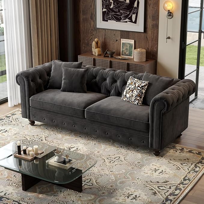 ONBRILL 82 Inch Chesterfield Sofa, 23 Inch Deep Seat Velvet Couch for Living Room, Button Tufted Couch with Rolled Arms, 2 Throw Pillows, Comfy Vintage Loveseat Sofa for Apartment, Black