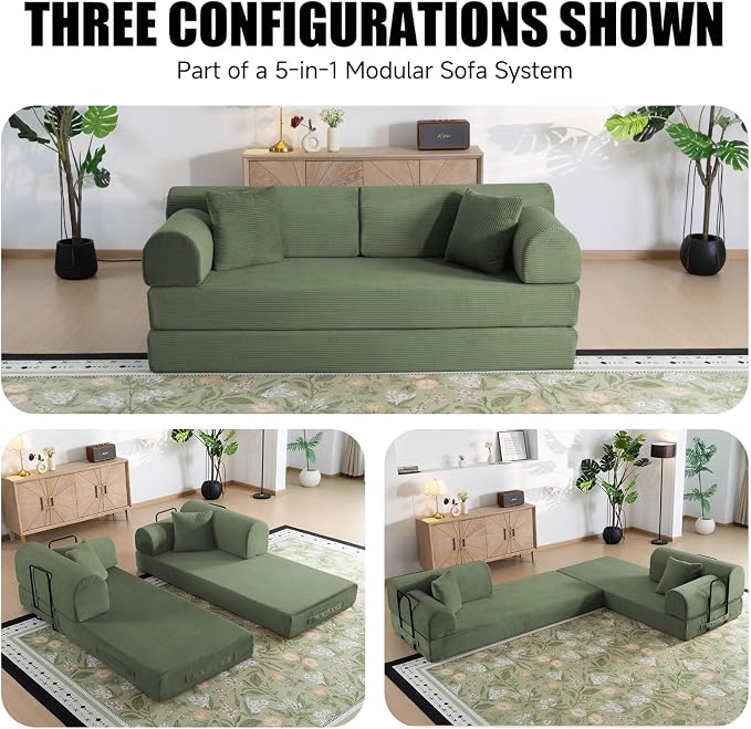 78.8" Boneless Memory Foam Couch, Corduroy Convertible Floor Sofa Bed, Fold-Out Sleeper Futon Loveseat, Wide Armrests & Supportive Back, 1200 lb, Couch in a Box, 2 Pillows, Light Green