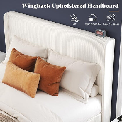 AMERLIFE Queen Bed Frame, Upholstered Platform Bed with Corduroy Headboard, Easy Assembly Modern White Bed Frame with Wooden Slats Support, No Box Spring Needed, Cream