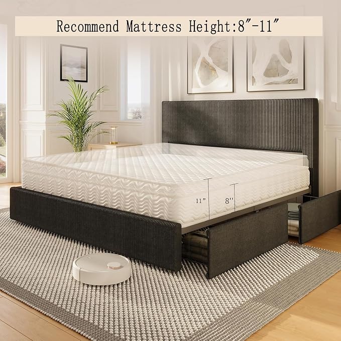 GAOMON Corduroy Full Bed Frame with Headboard, Platform Upholstered Bed Frame with 4 Storage Drawers and Wooden Slats Support, No Box Spring Needed, Black