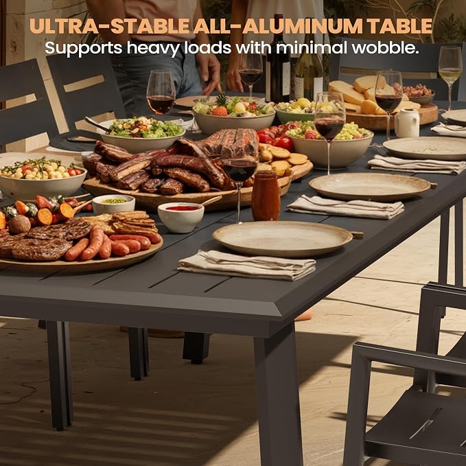 Pellebant 9 Pieces Aluminum Patio Table and Chairs Set - 83" Rectangular Table and Foldable Chair Outdoor Dining Set with Umbrella Hole, Weather Resistant Sturdy Frame for Deck, Porch & Backyard