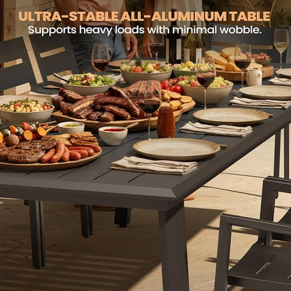 Pellebant 9 Pieces Aluminum Patio Table and Chairs Set - 83" Rectangular Table and Foldable Chair Outdoor Dining Set with Umbrella Hole, Weather Resistant Sturdy Frame for Deck, Porch & Backyard
