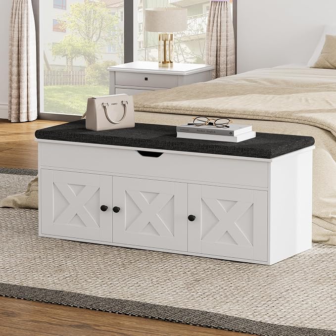 Homleke Shoe Storage Bench with Lift Top & 3 Barn Doors, Entryway Bench with Removable Cushion, Adjustable Shelf, Hidden Storage Cabinet for Hallway, Living Room, Bedroom - White