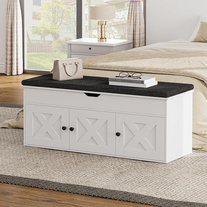 Homleke Shoe Storage Bench with Lift Top & 3 Barn Doors, Entryway Bench with Removable Cushion, Adjustable Shelf, Hidden Storage Cabinet for Hallway, Living Room, Bedroom - White