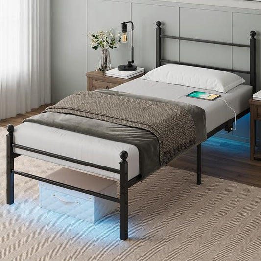 Twin Size Bed Frame with Headboard - Metal Platform Bed with LED Lights, Charging Station, Under Bed Storage and Heavy Duty Steel Slats Support - No Box Spring Needed, Easy Assembly, Black