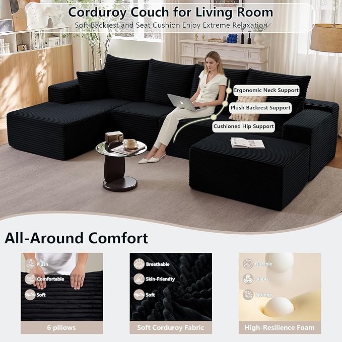 135" Modular Sectional Sofa with U Shaped Chaise, Upholstered Couches for Living Room with Deep Seat, No Assembly Required, Corduroy Cloud Couches, Black (Left-Facing Chaise