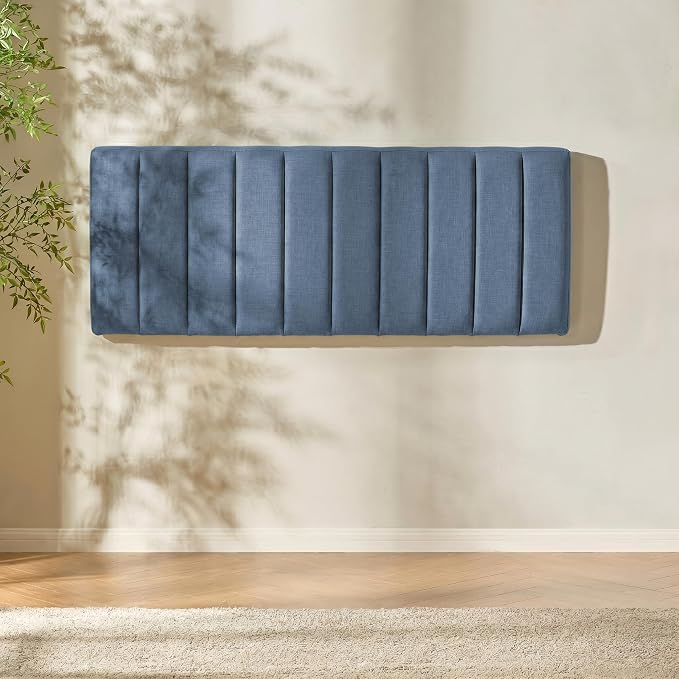 Hearth & Harbor Wall Mounted Full Headboard Only, Bed Headboard Full Size | Easy Assemble, Floating Peel and Stick, Upholstered, Channel Stitched, 3D Wall Panels, 5 Strips of 3M Tape Included, Blue