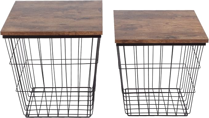 End Tables Set of 2 - Nesting Tables with Removable Wood Tops and Metal Basket Bases for Blanket Storage - Square Side Furniture for Living Room, Bedroom, or Home Office by Lavish Home (Brown)